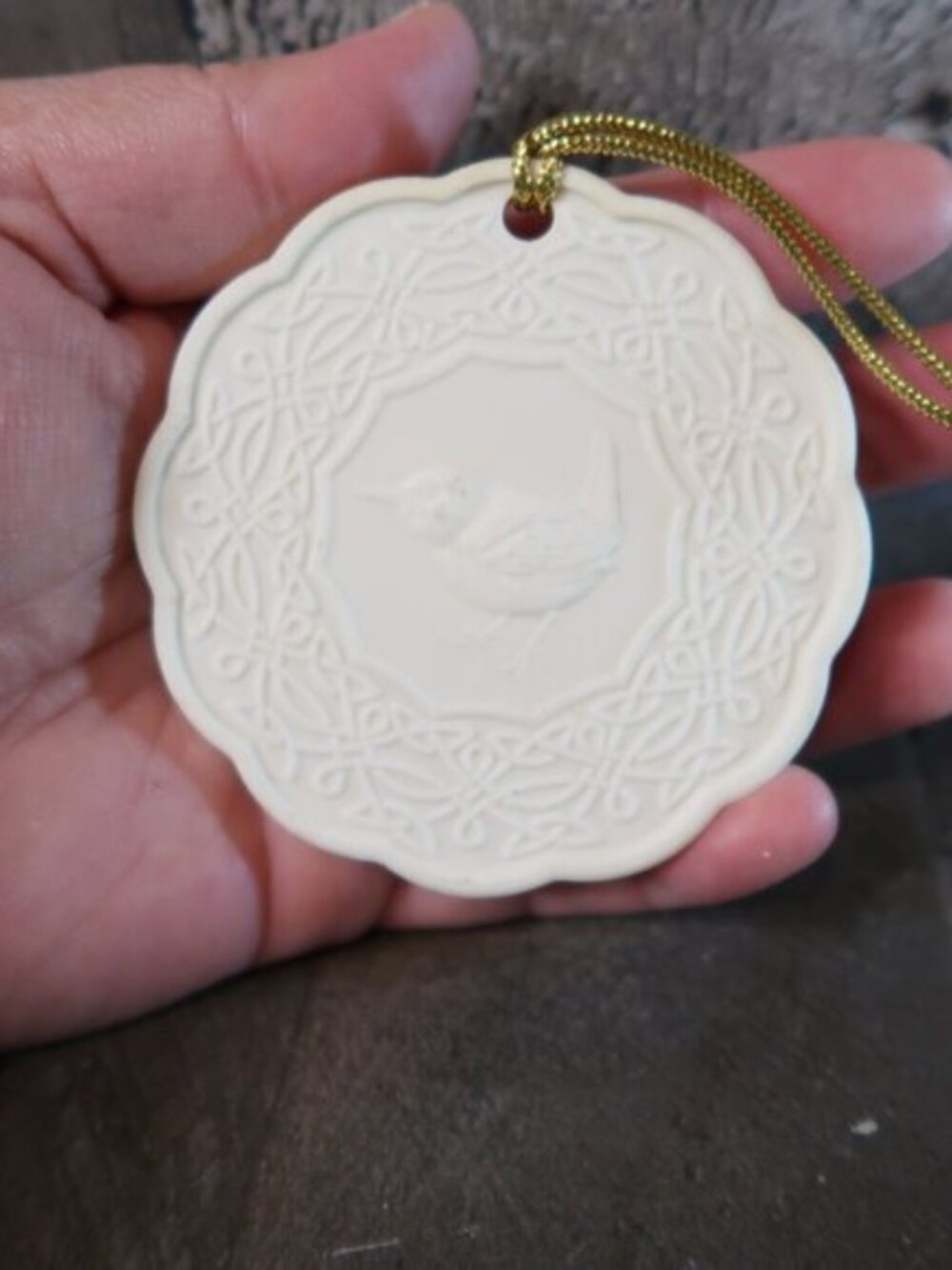 Christmas Ornament Vintage Porcelain Chickadee Bird Round Cream Holiday